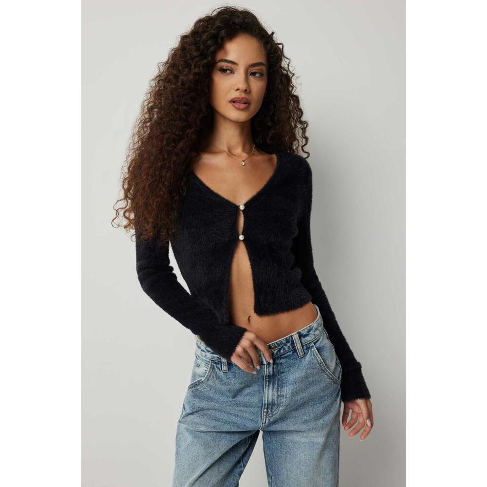 Ardene Fuzzy Pearl Button Cardigan - Medium